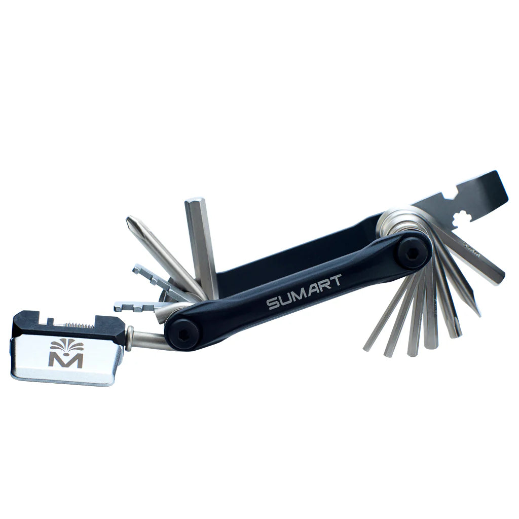 Compacte SUMART FBT-17 fietsgereedschap multitool in zwart aluminium