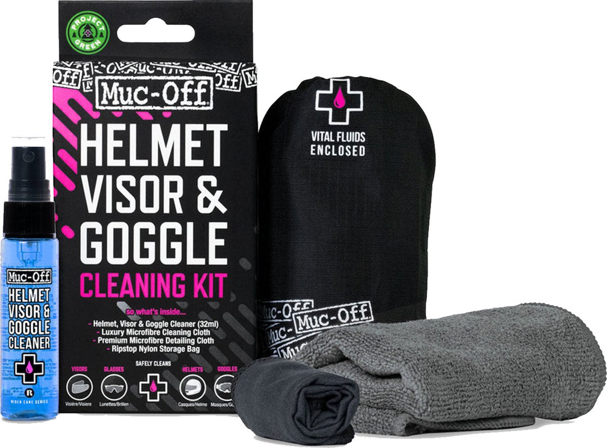 Muc-Off Helmet Visor & Goggle Cleaning Kit - alles uitgestald uit de verpakking