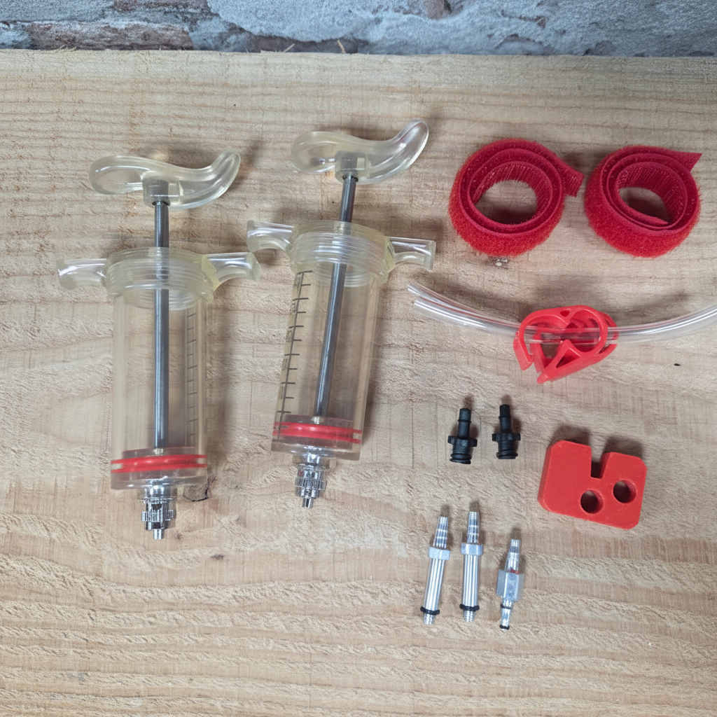 Complete inhoud Supersonic Parts DOT bleed kit - spuiten, adapters, slangen en ontluchtingsblok voor SRAM Hayes Avid Formula