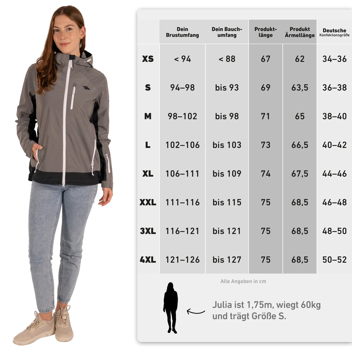 VALKENTAL Vertex reflecterend sportjack dames - maat tabel