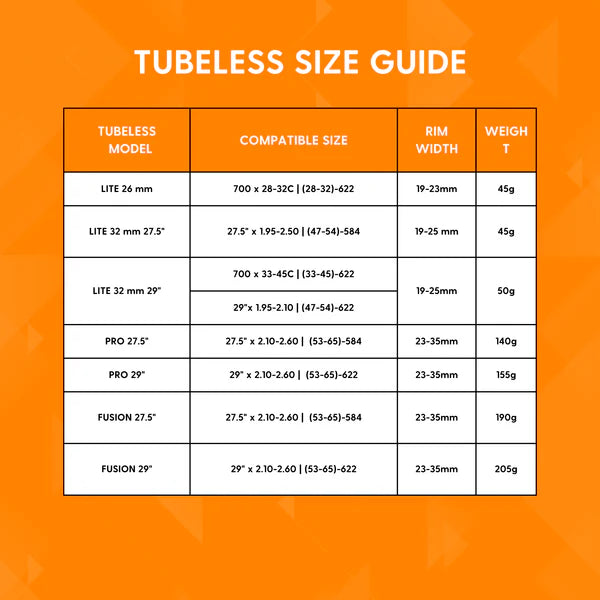 TANNUS TUBELESS FUSION MAAT TABEL
