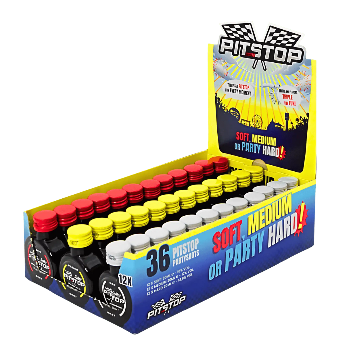 PITSTOP SHOT mix pack doos met 12x3 verschillende alcoholische shotjes