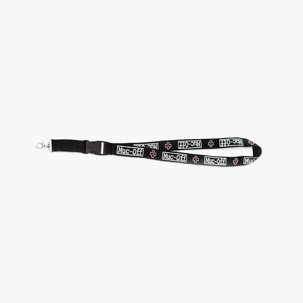 Muc-Off lanyard zwart met wit logo en metalen clip 