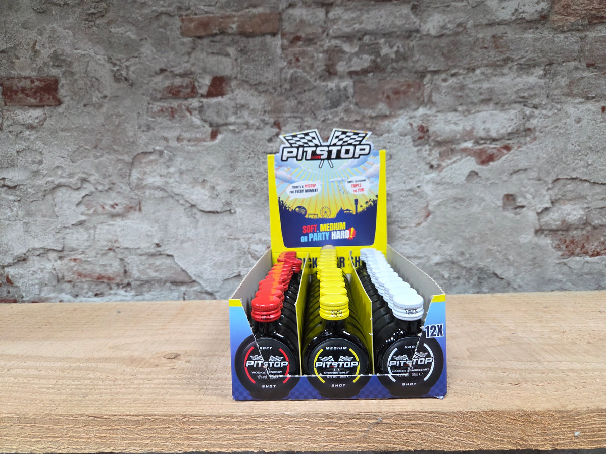 PITSTOP SHOT 36 pack met alcoholische shots in 3 smaken - Soft Medium Hard verpakking