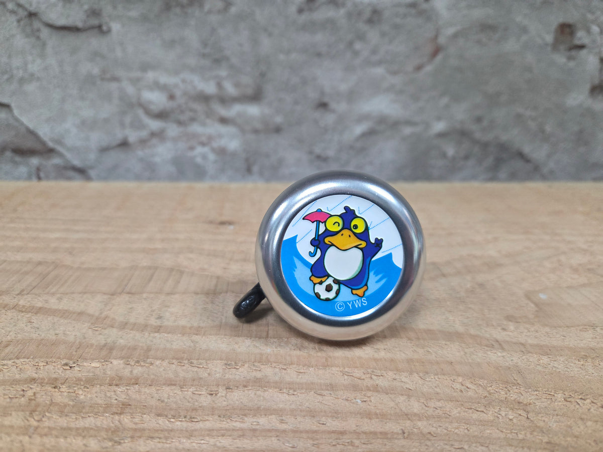 Kinder fietsbel aluminium zilver 55mm diameter met pinguin