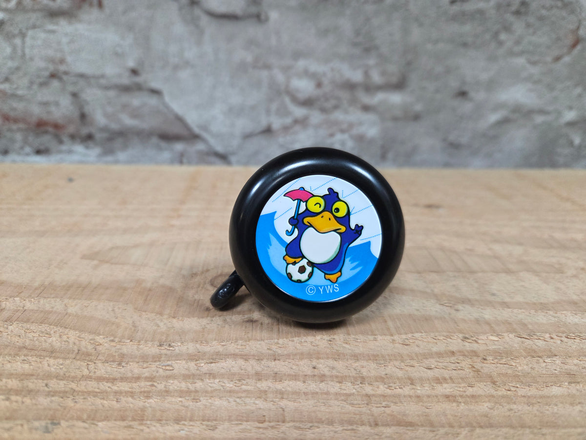 Kinder fietsbel aluminium mat zwart 55mm diameter - met pinguin