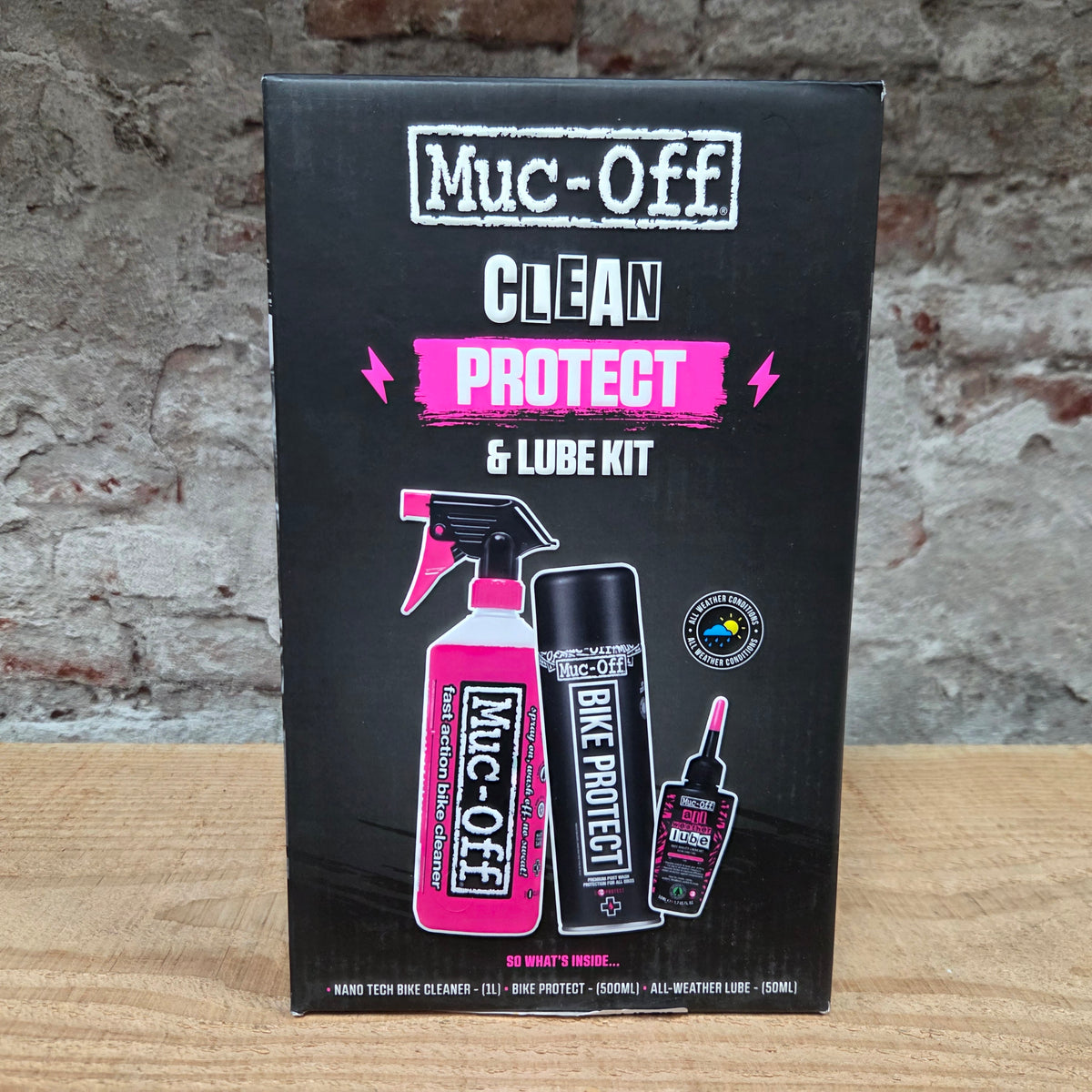  MUC-OFF Bicycle Clean, Protect &amp; All Weather Lube Kit in de verpakking
