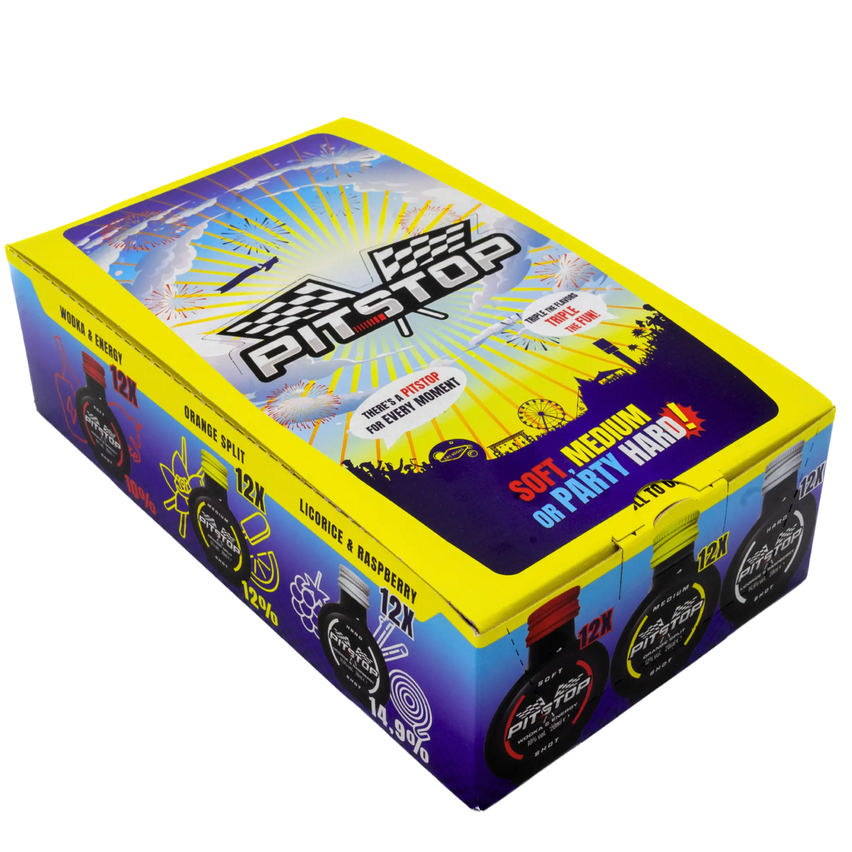 PITSTOP SHOT mix pack doos met 12x3 verschillende alcoholische shotjes