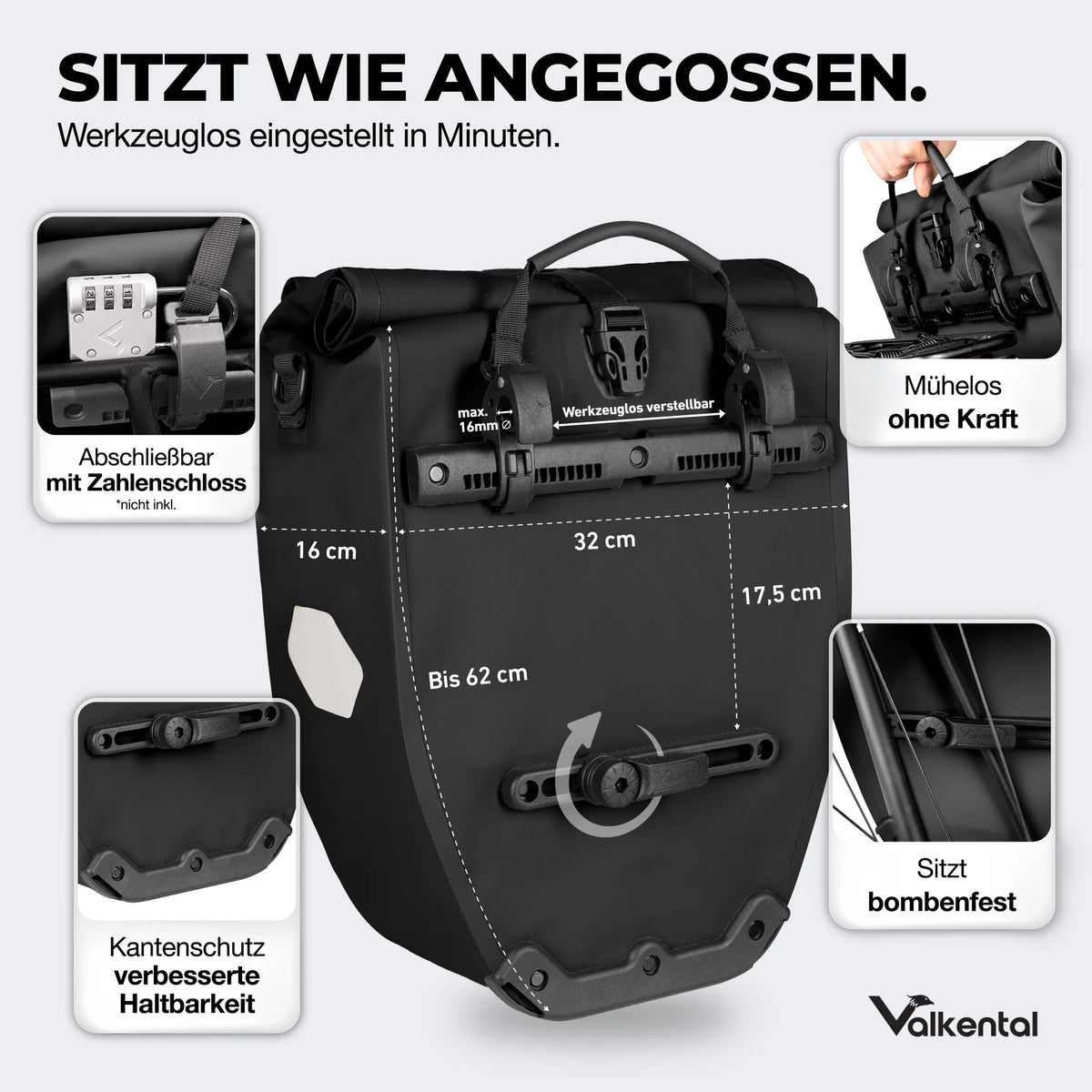 VALKENTAL Bike Bag 32L - afmetingen en functies