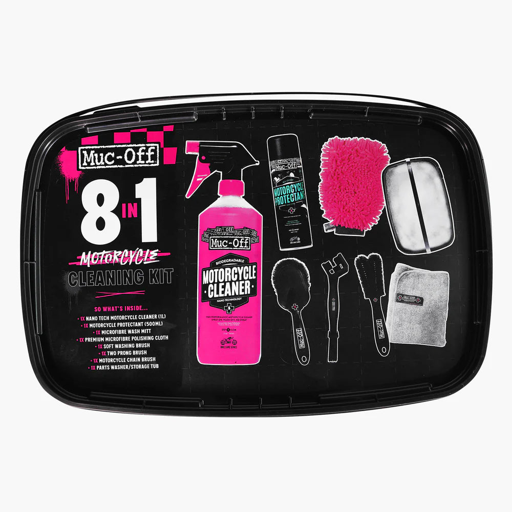 Muc-Off 8 in 1 motorcycle cleaning kit bovenzijde pakket