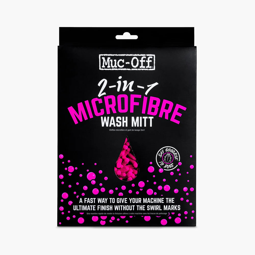 Muc-Off 2-in-1 microfibre wash mitt verpakking roze washandschoen BikerGadgets schoonmaakproduct
