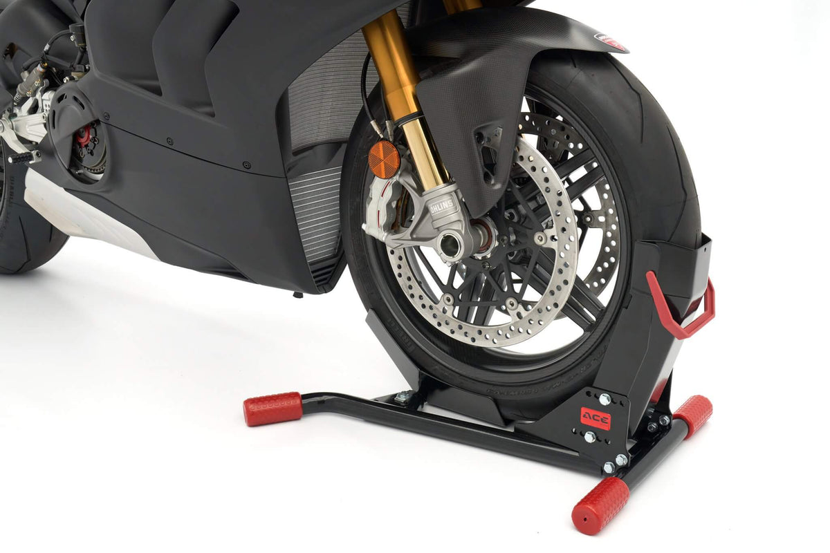 ACEBIKES SteadyStand - met een voorwiel van een motor erin