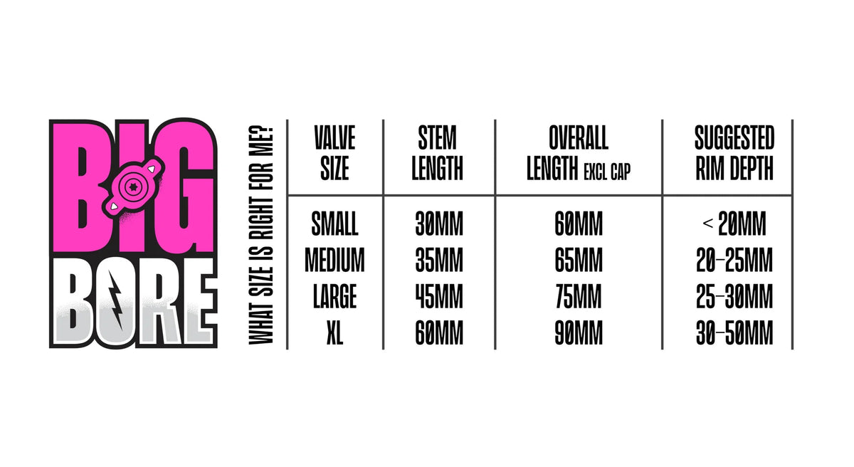 MUC-OFF tubeless valves - big bore hybrid maattabel