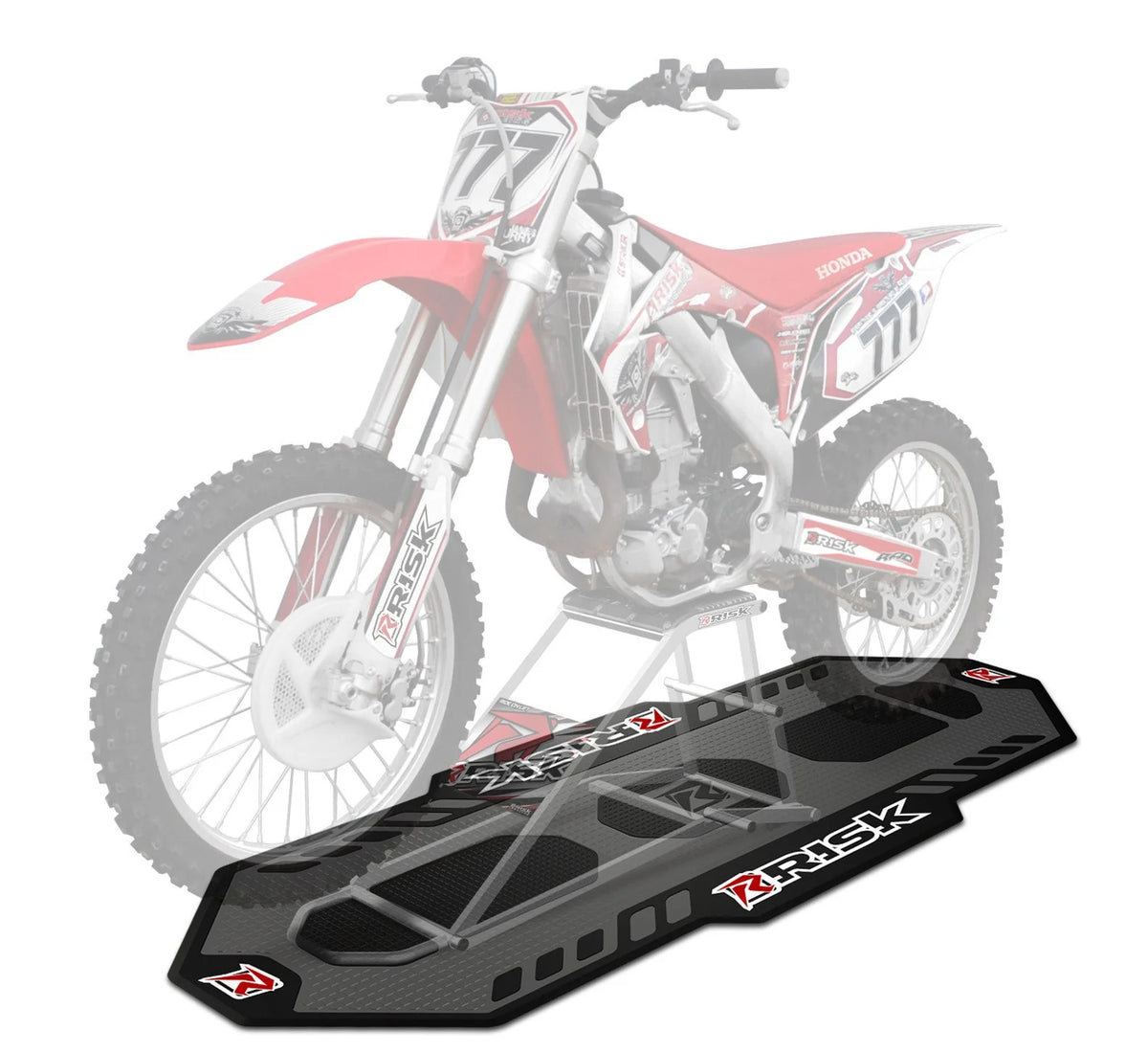 Risk Racing Factory Motocross Pit Mat - met een moitor erop en de RR1
