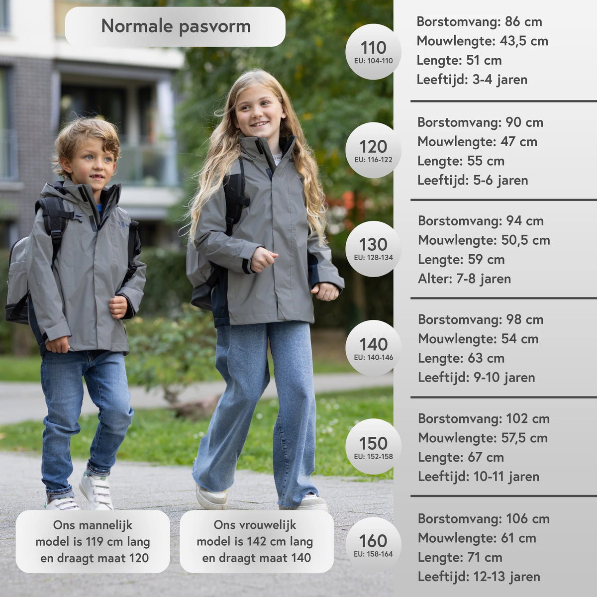 VALKENTAL 3IN1 REFLECTERENDE KINDER JACKET maat tabel