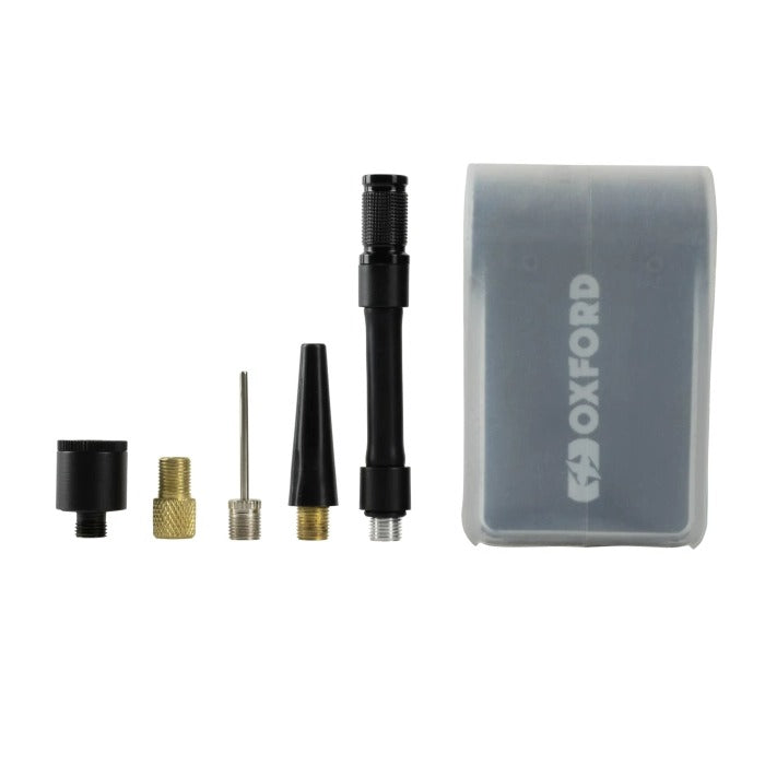 OXFORD nanojet ultra compact minicompressor alle onderdelen naast elkaar en de silicone beschermhoes