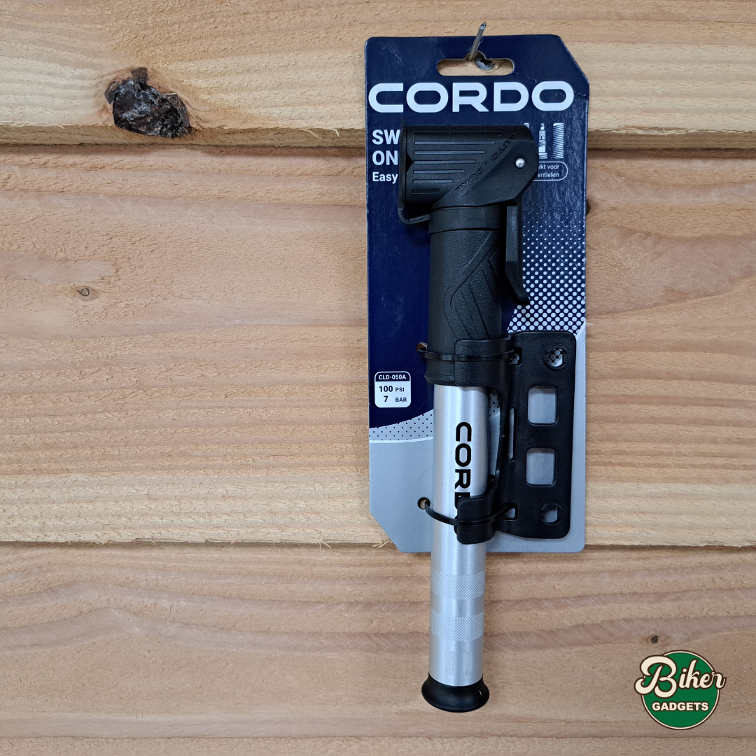 CORDO Easy Mini Switch handpomp zilver – schakelbaar 1-way & 2-way, past alle ventielen hier in de winkel