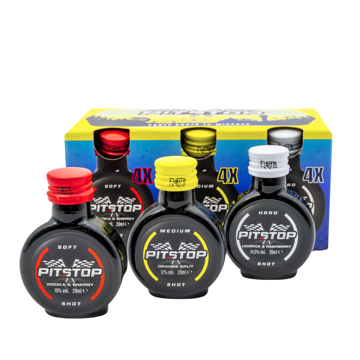 "PITSTOP SHOT 12 pack energy shots met soft medium hard smaken
