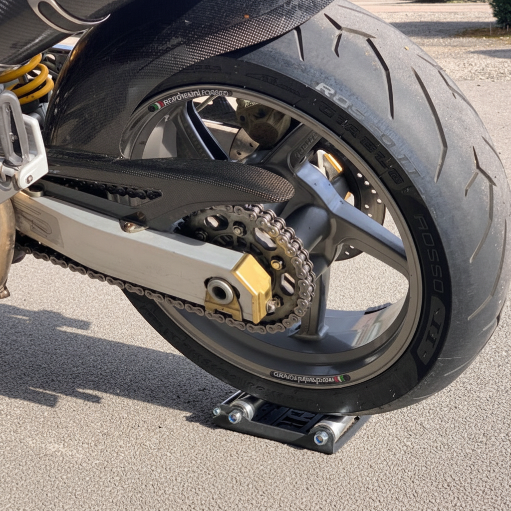 GRANDPITSTOP Groller Large in gebruik onder motorwiel voor kettingonderhoud en smering