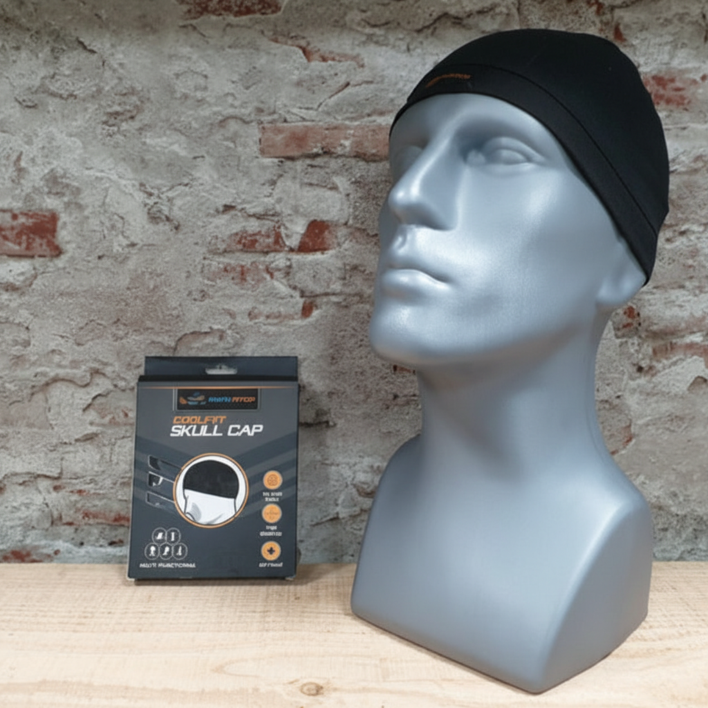 GrandPitstop COOLFIT Skull Cap zwart – helmmuts op mannequin met verpakking
