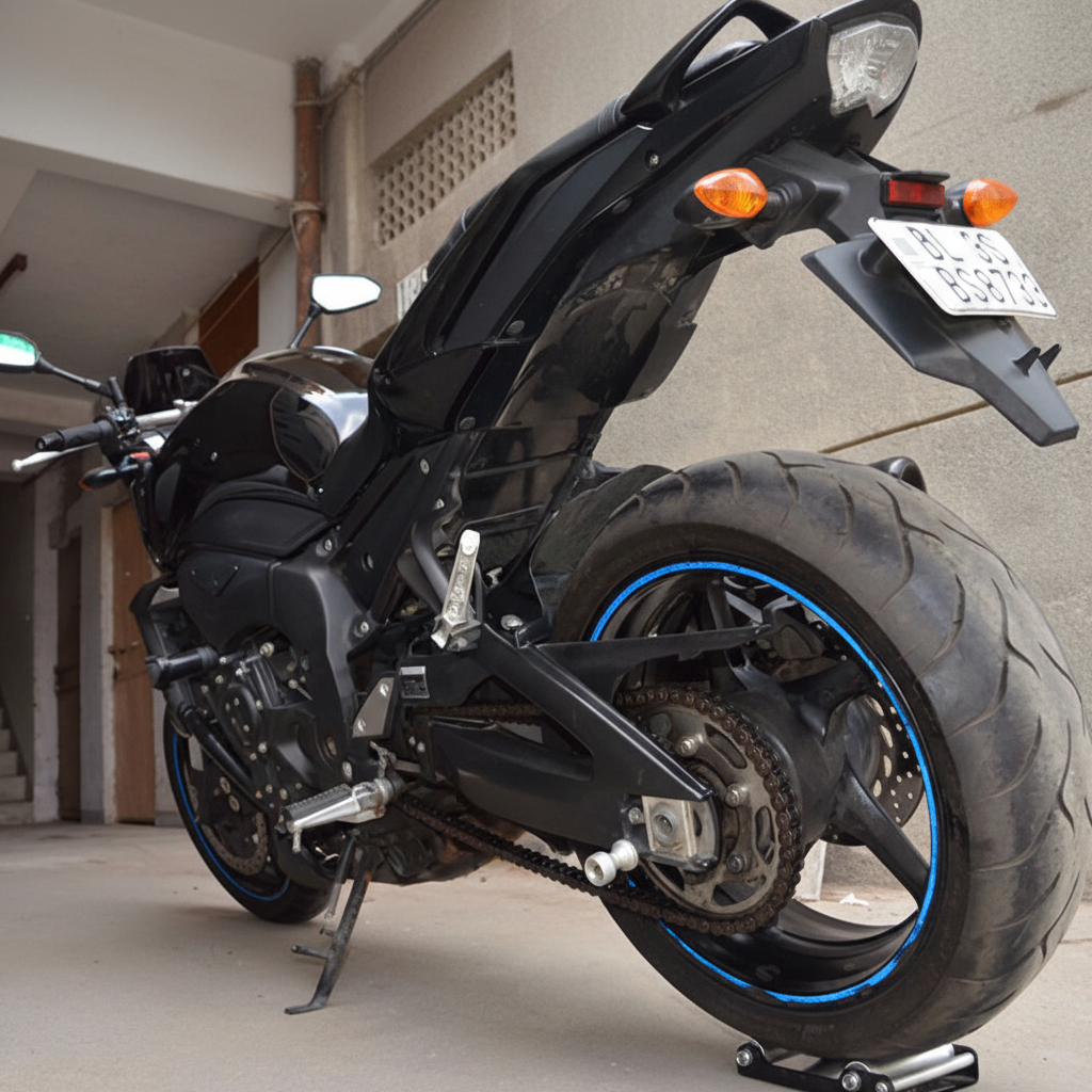 Zwarte motorfiets met GRANDPITSTOP Groller Large onder achterwiel voor stabiel motoronderhoud in garage