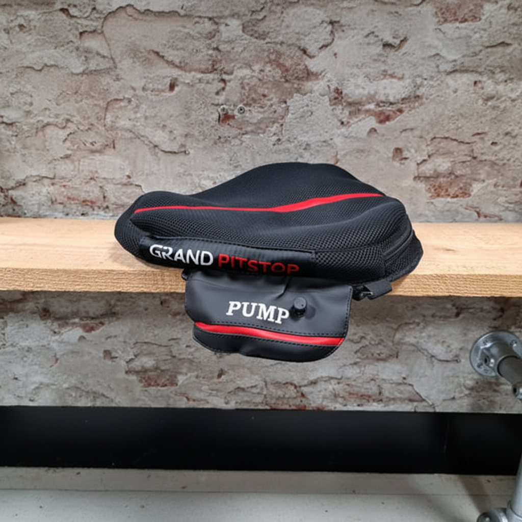 GRANDPITSTOP Air Comfy Seat Cruiser – zijaanzicht met ingebouwde PUMP inflator en rode streep