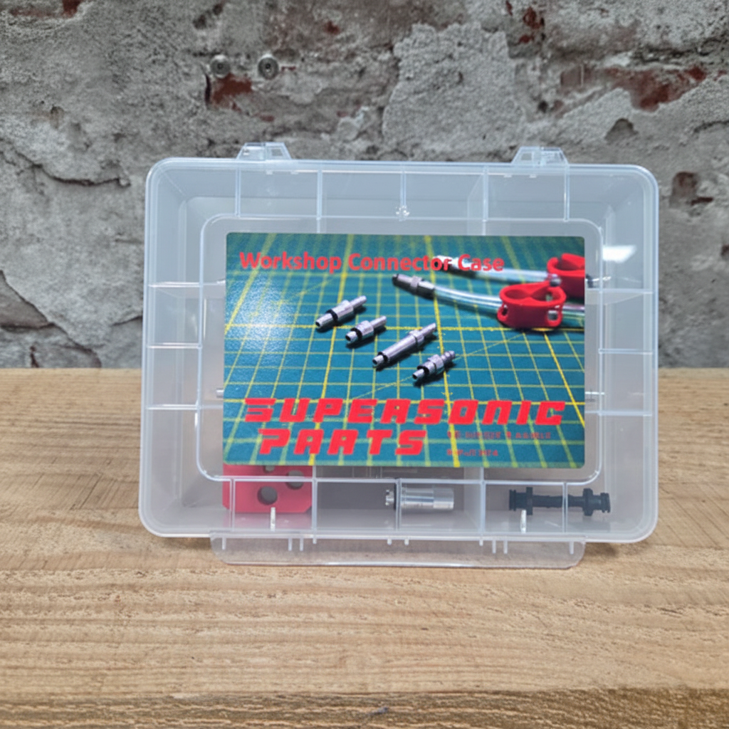 Supersonic Parts ontluchtingsadapters set in transparante opbergcase met 13 adapters voor Shimano SRAM Magura TRP Tektro hydraulische remmen
