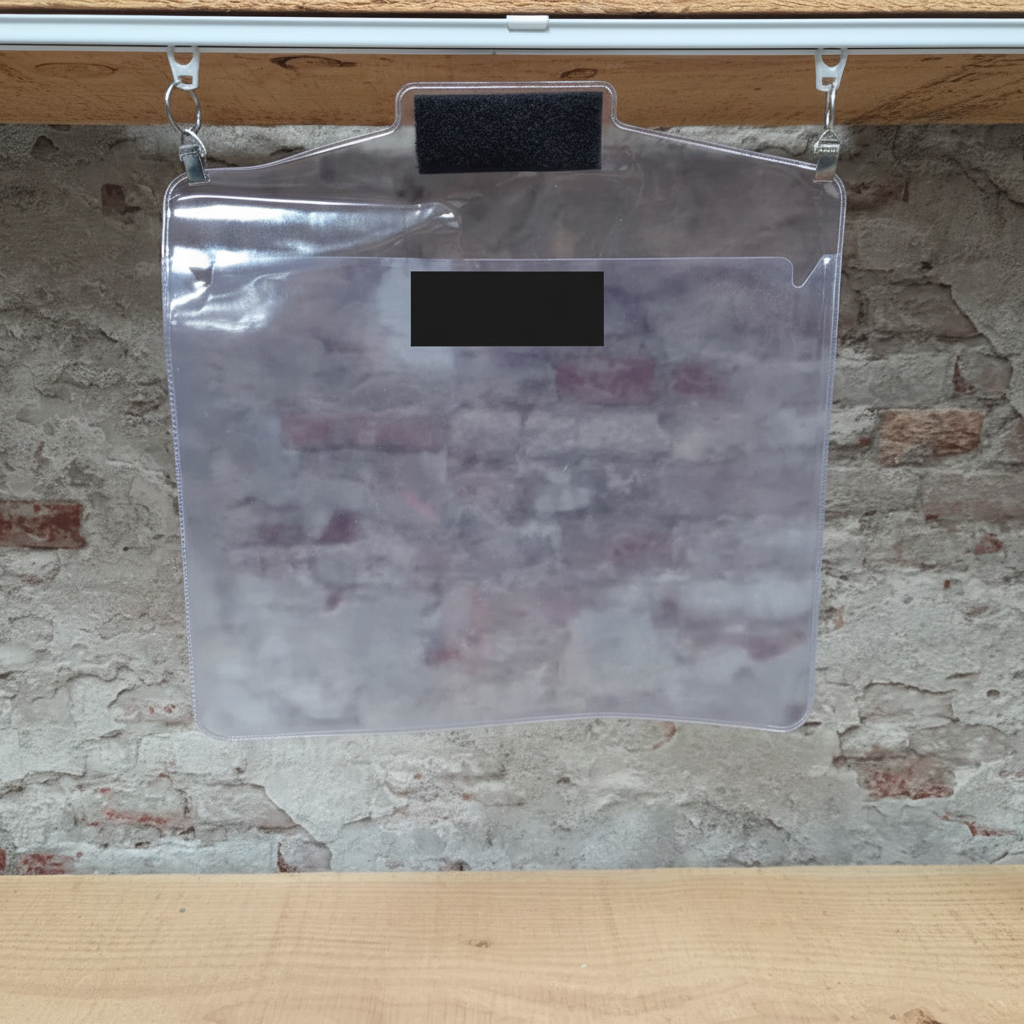 Transparante waterdichte PVC tas met zwart label hangend aan rail met metalen haken