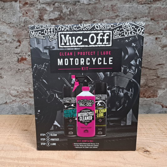 MUC-OFF Clean Protect & Lube Motorcycle Kit verpakking – complete motoronderhoud set in de winkel