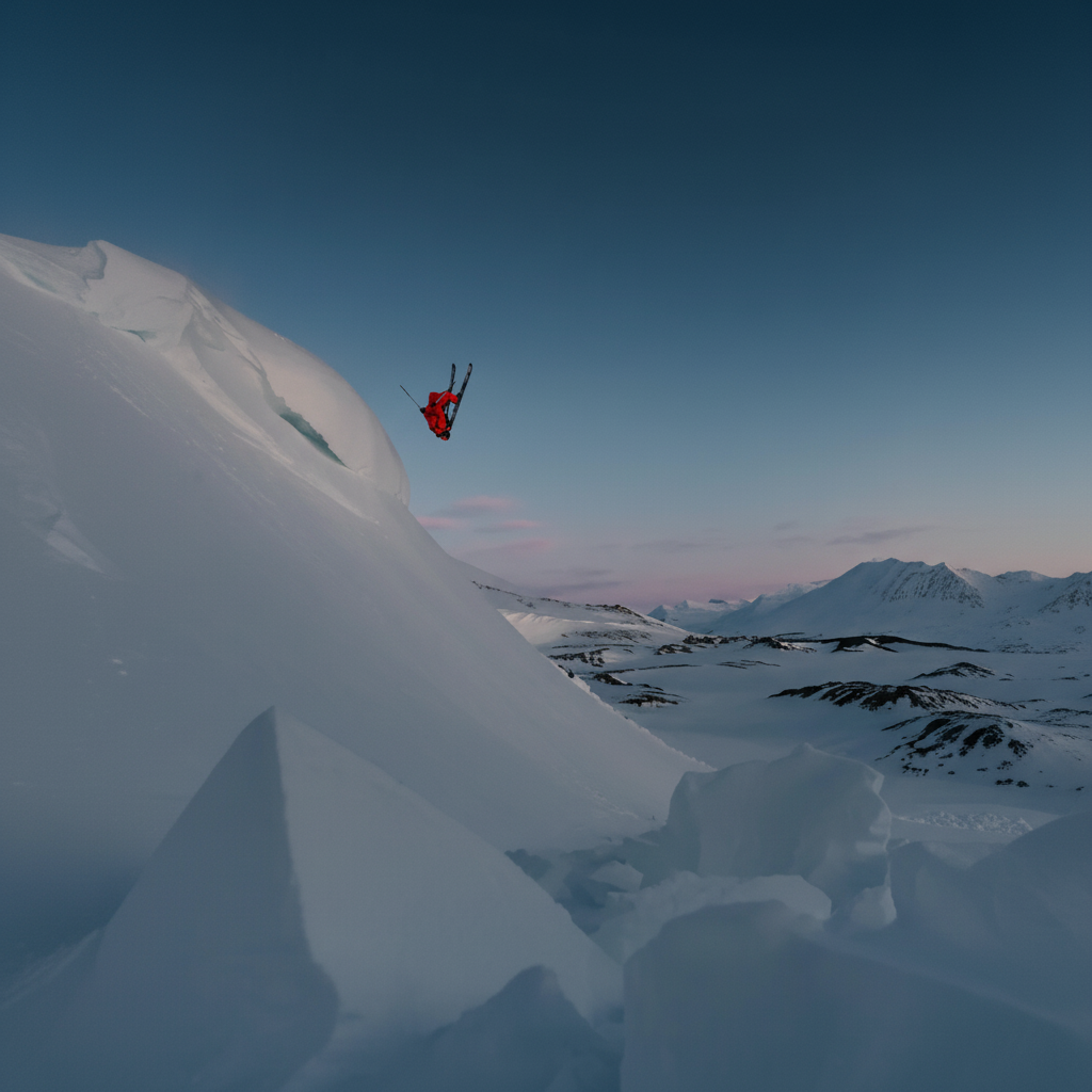 Atleet in rood uitvoert snowboard jump met berglandschap - SERYT beschermende uitrusting