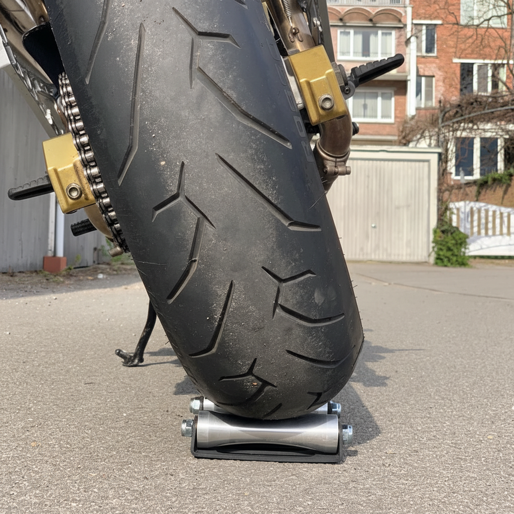 GRANDPITSTOP Groller Large paddockstand vervanger in gebruik onder motorband voor kettingonderhoud op straat