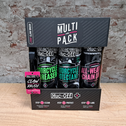 MUC-OFF Motorcycle Multi Pack – Degreaser, Protectant en All-Weather Chain Lube met Claw Brush in de winkel
