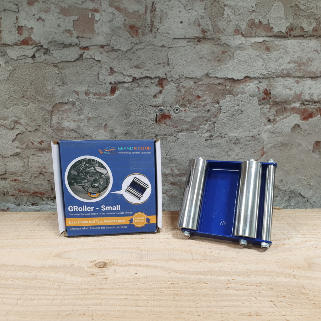 GRANDPITSTOP Groller Small compacte paddockstand vervanger met verpakking en blauwe rolunit voor motoronderhoud onderweg