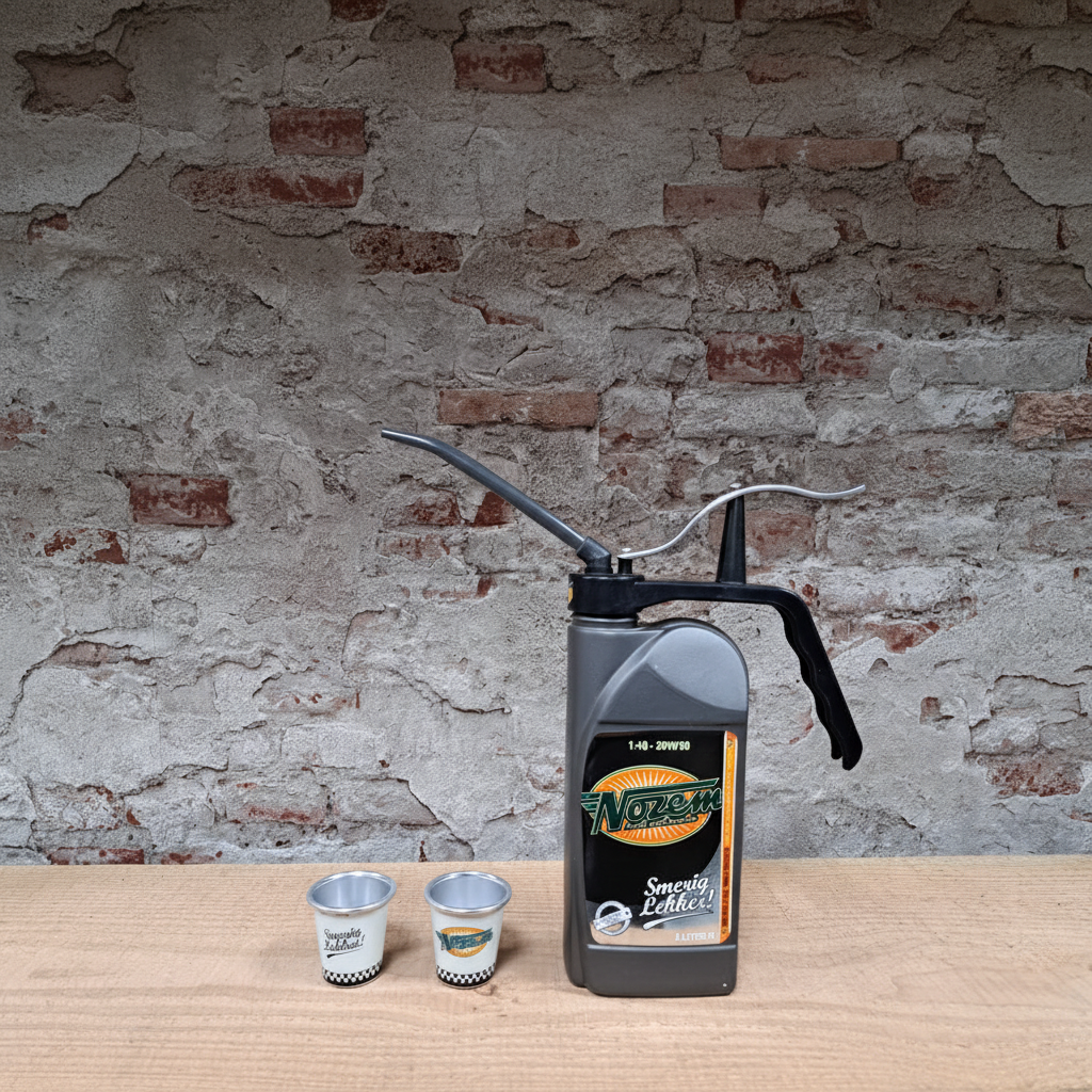Nozem Oil geschenkpakket deluxe inhoud - 1L fles met oliespuit en 2 shotglazen