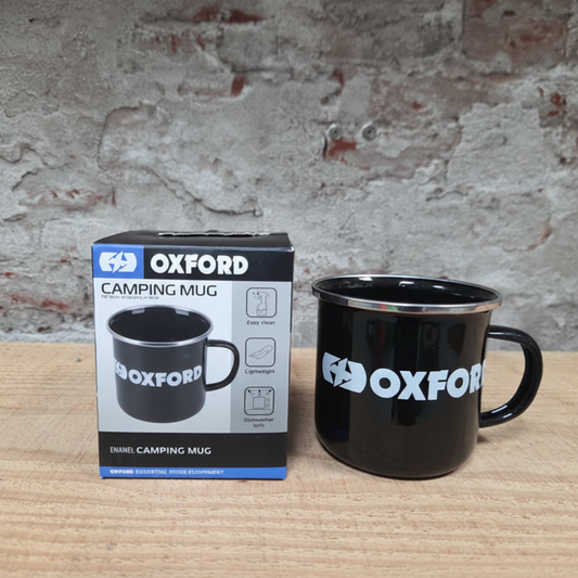 OXFORD emaille camping mug zwart met verpakking in de winkel
