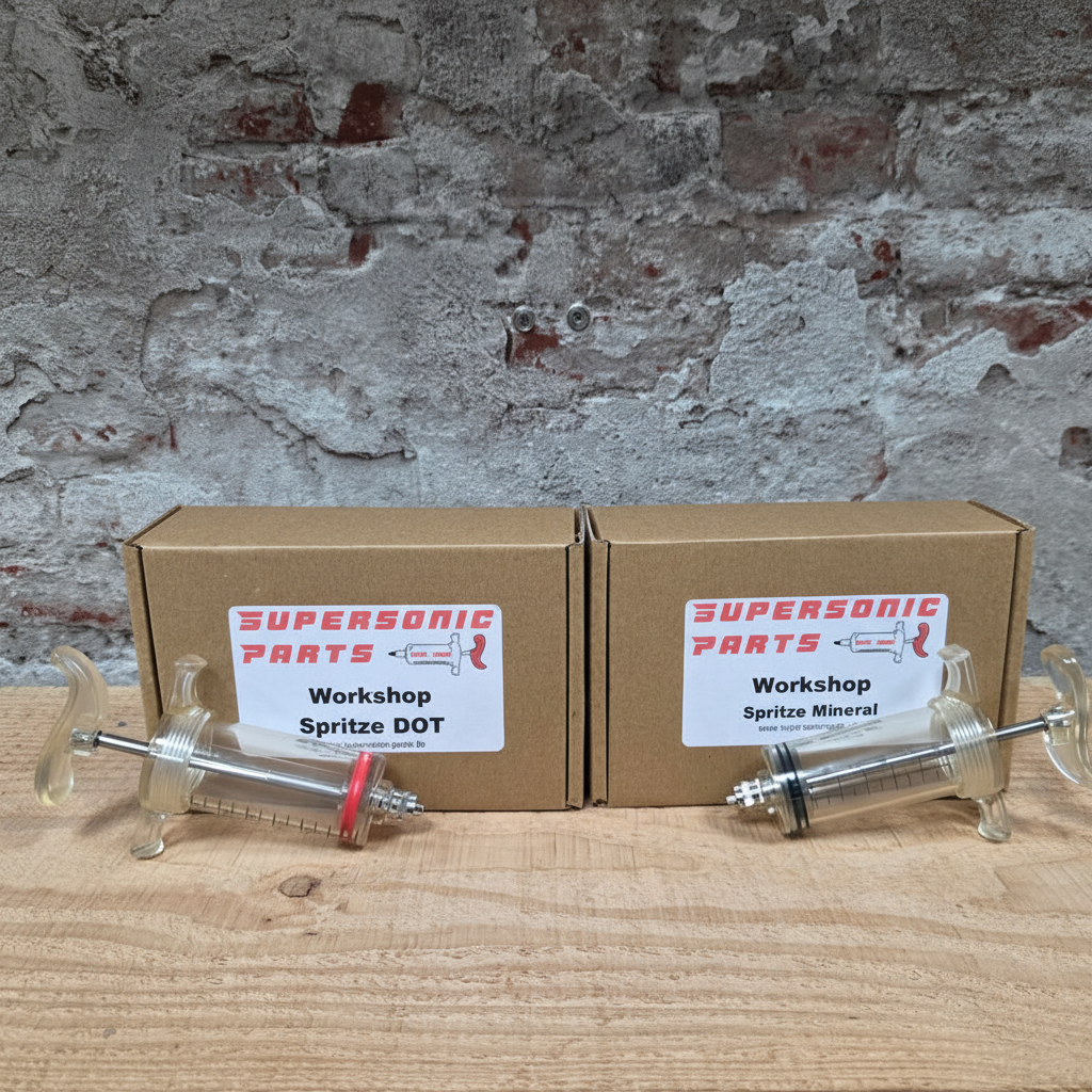 SUPERSONIC PARTS Workshop ontluchtingsspuit DOT en Mineral variant complete set met Luer-Lock adapter