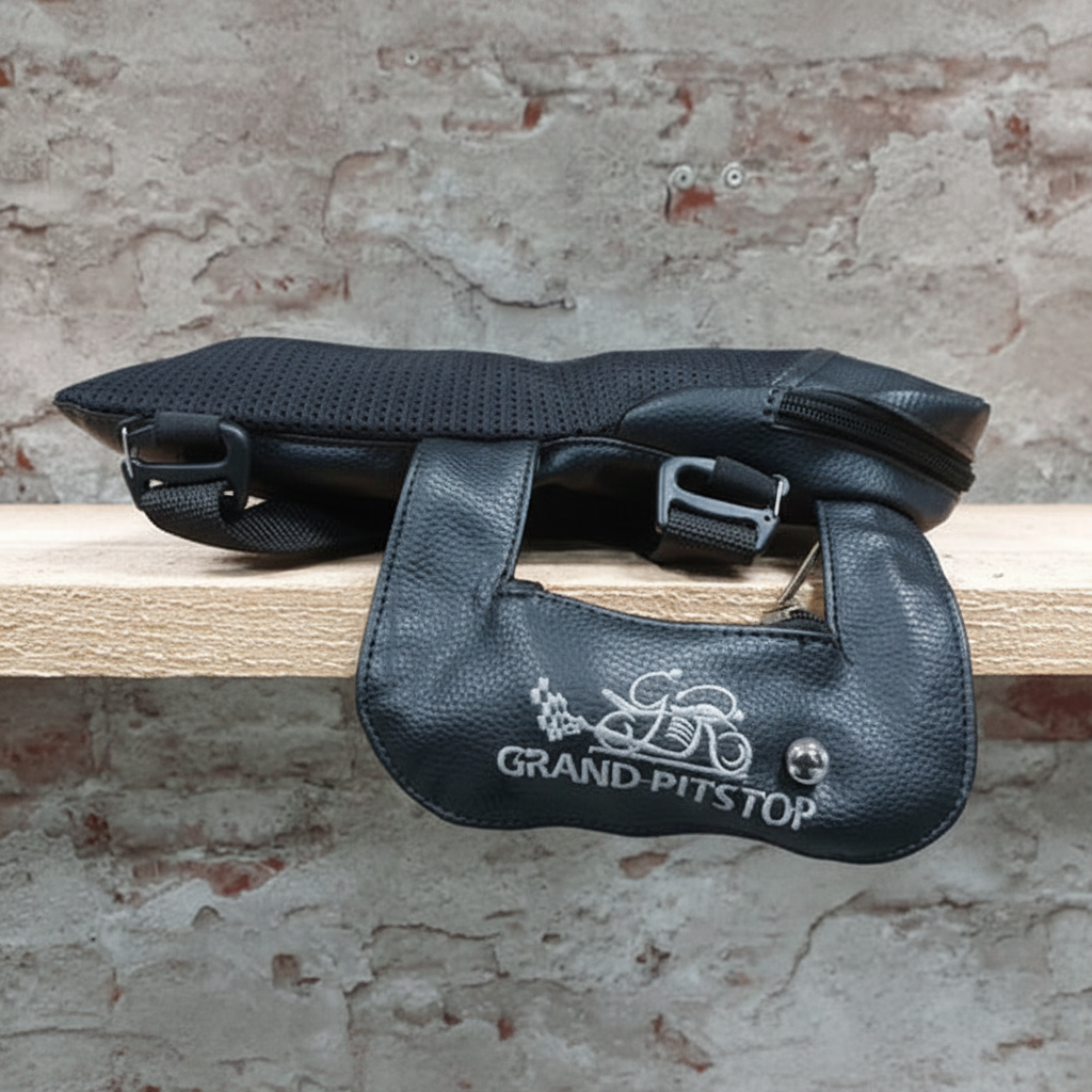 GRANDPITSTOP Air Comfy Seat Pillion – onderkant met ingebouwde inflator en GRANDPITSTOP logo