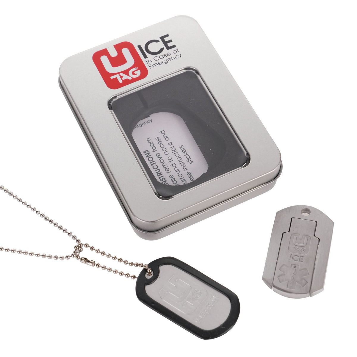 UTAG ICE dogtag pakket - alles uitgestald met het blik
